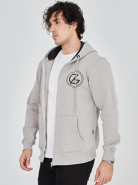 Erkek 3 İplik Pamuklu Fermuarlı Kapüşonlu Kanguru Cepli Baskılı Hoodie Hırka Sweatshirt - Boyalı Gri