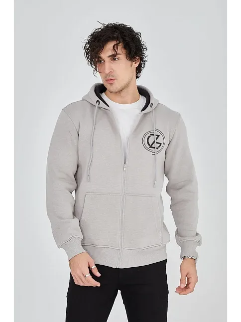 Erkek 3 İplik Pamuklu Fermuarlı Kapüşonlu Kanguru Cepli Baskılı Hoodie Hırka Sweatshirt - Boyalı Gri