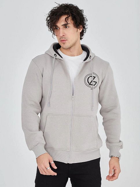 Erkek 3 İplik Pamuklu Fermuarlı Kapüşonlu Kanguru Cepli Baskılı Hoodie Hırka Sweatshirt - Boyalı Gri