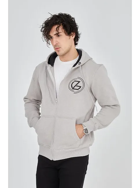 Erkek 3 İplik Pamuklu Fermuarlı Kapüşonlu Kanguru Cepli Baskılı Hoodie Hırka Sweatshirt - Boyalı Gri