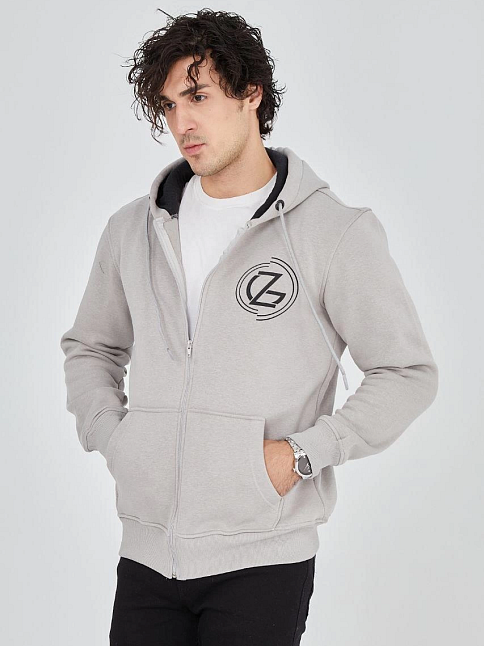 Erkek 3 İplik Pamuklu Fermuarlı Kapüşonlu Kanguru Cepli Baskılı Hoodie Hırka Sweatshirt - Boyalı Gri