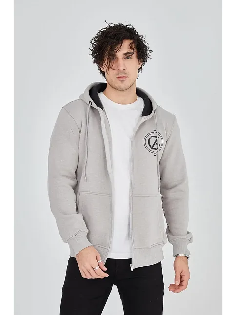 Erkek 3 İplik Pamuklu Fermuarlı Kapüşonlu Kanguru Cepli Baskılı Hoodie Hırka Sweatshirt - Boyalı Gri