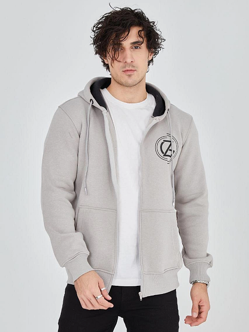 Erkek 3 İplik Pamuklu Fermuarlı Kapüşonlu Kanguru Cepli Baskılı Hoodie Hırka Sweatshirt - Boyalı Gri