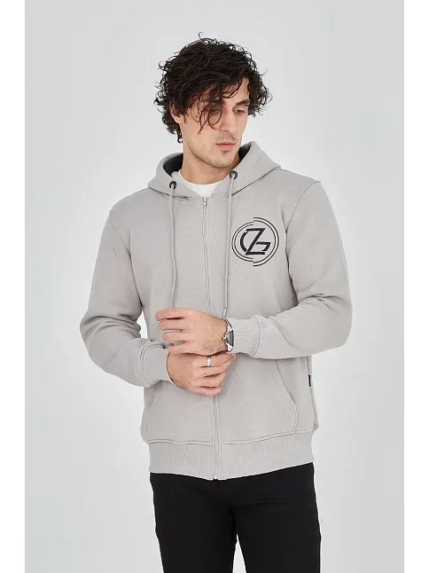 Erkek 3 İplik Pamuklu Fermuarlı Kapüşonlu Kanguru Cepli Baskılı Hoodie Hırka Sweatshirt - Boyalı Gri