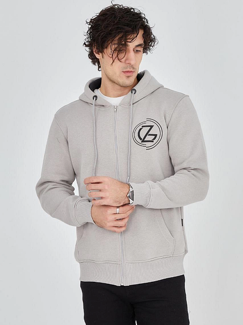 Erkek 3 İplik Pamuklu Fermuarlı Kapüşonlu Kanguru Cepli Baskılı Hoodie Hırka Sweatshirt - Boyalı Gri