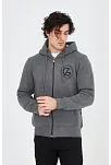 Erkek 3 İplik Pamuklu Fermuarlı Kapüşonlu Kanguru Cepli Baskılı Hoodie Hırka Sweatshirt - Füme