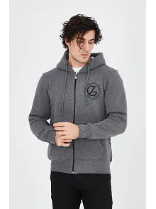 Erkek 3 İplik Pamuklu Fermuarlı Kapüşonlu Kanguru Cepli Baskılı Hoodie Hırka Sweatshirt - Füme