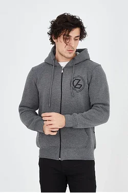 Erkek 3 İplik Pamuklu Fermuarlı Kapüşonlu Kanguru Cepli Baskılı Hoodie Hırka Sweatshirt - Füme