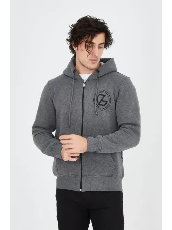 Erkek 3 İplik Pamuklu Fermuarlı Kapüşonlu Kanguru Cepli Baskılı Hoodie Hırka Sweatshirt - Füme