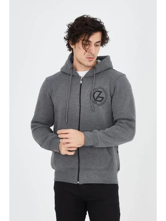 Erkek 3 İplik Pamuklu Fermuarlı Kapüşonlu Kanguru Cepli Baskılı Hoodie Hırka Sweatshirt - Füme Erkek 3 İplik Pamuklu Fermuarlı Kapüşonlu Kanguru Cepli Baskılı Hoodie Hırka Sweatshirt - Füme