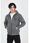 Erkek 3 İplik Pamuklu Fermuarlı Kapüşonlu Kanguru Cepli Baskılı Hoodie Hırka Sweatshirt - Füme