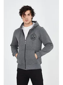 Erkek 3 İplik Pamuklu Fermuarlı Kapüşonlu Kanguru Cepli Baskılı Hoodie Hırka Sweatshirt - Füme