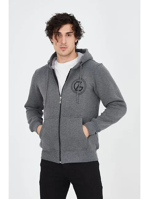 Erkek 3 İplik Pamuklu Fermuarlı Kapüşonlu Kanguru Cepli Baskılı Hoodie Hırka Sweatshirt - Füme