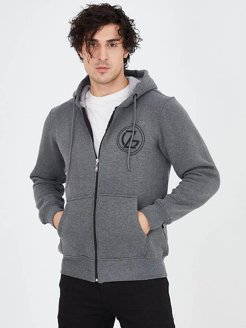 Erkek 3 İplik Pamuklu Fermuarlı Kapüşonlu Kanguru Cepli Baskılı Hoodie Hırka Sweatshirt - Füme