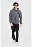 Erkek 3 İplik Pamuklu Fermuarlı Kapüşonlu Kanguru Cepli Baskılı Hoodie Hırka Sweatshirt - Füme