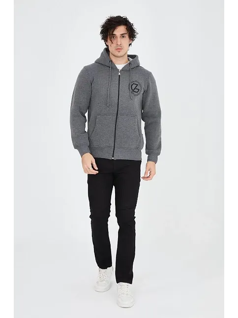 Erkek 3 İplik Pamuklu Fermuarlı Kapüşonlu Kanguru Cepli Baskılı Hoodie Hırka Sweatshirt - Füme