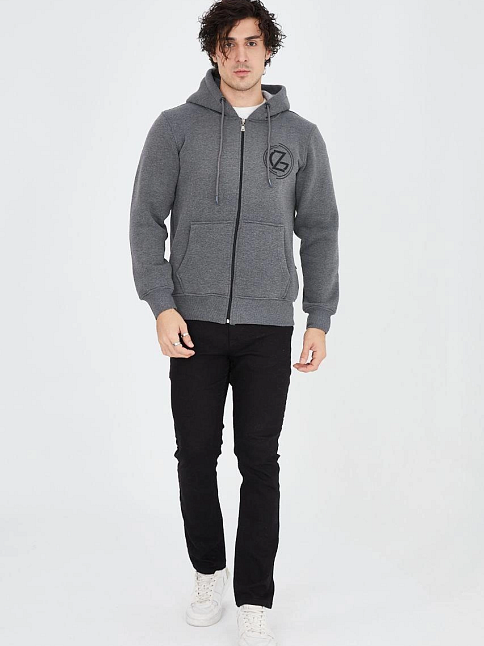 Erkek 3 İplik Pamuklu Fermuarlı Kapüşonlu Kanguru Cepli Baskılı Hoodie Hırka Sweatshirt - Füme