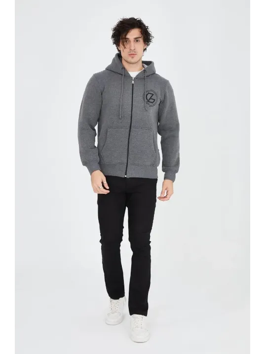 Erkek 3 İplik Pamuklu Fermuarlı Kapüşonlu Kanguru Cepli Baskılı Hoodie Hırka Sweatshirt - Füme Erkek 3 İplik Pamuklu Fermuarlı Kapüşonlu Kanguru Cepli Baskılı Hoodie Hırka Sweatshirt - Füme