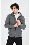 Erkek 3 İplik Pamuklu Fermuarlı Kapüşonlu Kanguru Cepli Baskılı Hoodie Hırka Sweatshirt - Füme