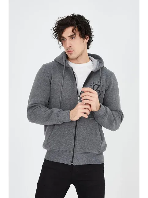 Erkek 3 İplik Pamuklu Fermuarlı Kapüşonlu Kanguru Cepli Baskılı Hoodie Hırka Sweatshirt - Füme