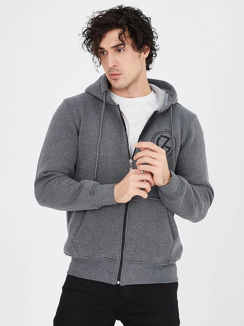 Erkek 3 İplik Pamuklu Fermuarlı Kapüşonlu Kanguru Cepli Baskılı Hoodie Hırka Sweatshirt - Füme