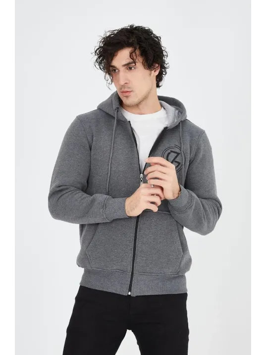 Erkek 3 İplik Pamuklu Fermuarlı Kapüşonlu Kanguru Cepli Baskılı Hoodie Hırka Sweatshirt - Füme Erkek 3 İplik Pamuklu Fermuarlı Kapüşonlu Kanguru Cepli Baskılı Hoodie Hırka Sweatshirt - Füme