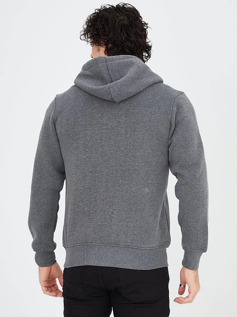 Erkek 3 İplik Pamuklu Fermuarlı Kapüşonlu Kanguru Cepli Baskılı Hoodie Hırka Sweatshirt - Füme