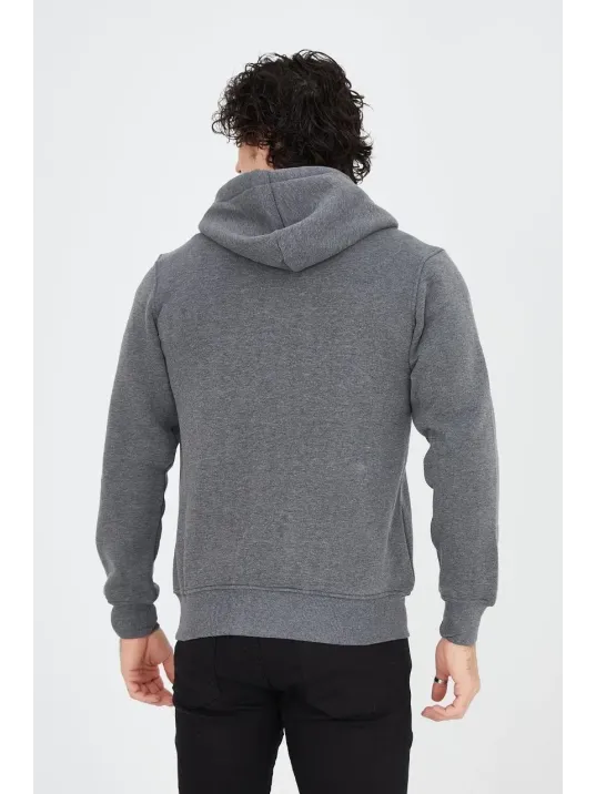 Erkek 3 İplik Pamuklu Fermuarlı Kapüşonlu Kanguru Cepli Baskılı Hoodie Hırka Sweatshirt - Füme Erkek 3 İplik Pamuklu Fermuarlı Kapüşonlu Kanguru Cepli Baskılı Hoodie Hırka Sweatshirt - Füme