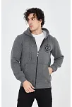 Erkek 3 İplik Pamuklu Fermuarlı Kapüşonlu Kanguru Cepli Baskılı Hoodie Hırka Sweatshirt - Füme