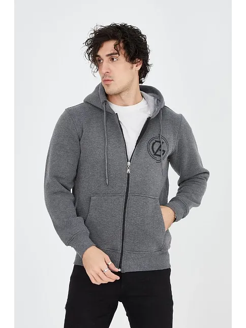 Erkek 3 İplik Pamuklu Fermuarlı Kapüşonlu Kanguru Cepli Baskılı Hoodie Hırka Sweatshirt - Füme