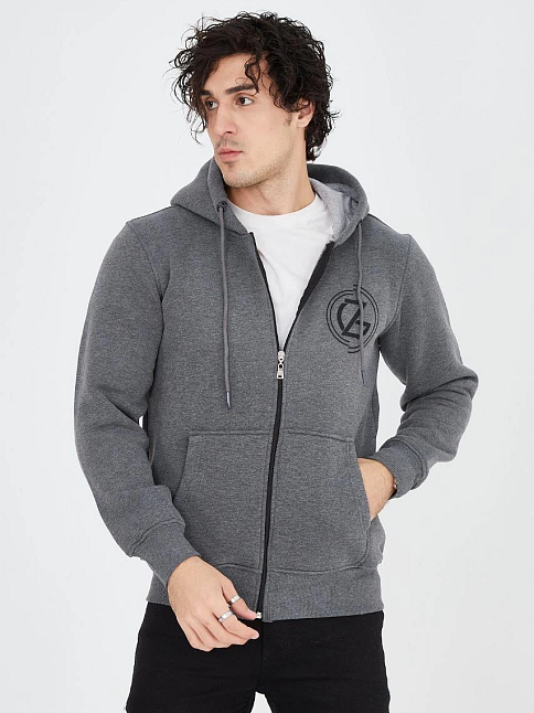 Erkek 3 İplik Pamuklu Fermuarlı Kapüşonlu Kanguru Cepli Baskılı Hoodie Hırka Sweatshirt - Füme