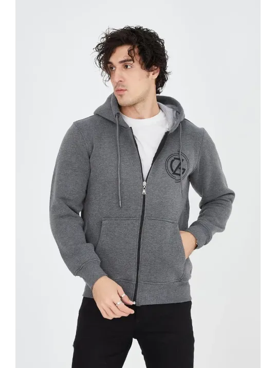 Erkek 3 İplik Pamuklu Fermuarlı Kapüşonlu Kanguru Cepli Baskılı Hoodie Hırka Sweatshirt - Füme Erkek 3 İplik Pamuklu Fermuarlı Kapüşonlu Kanguru Cepli Baskılı Hoodie Hırka Sweatshirt - Füme