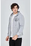 Erkek 3 İplik Pamuklu Fermuarlı Kapüşonlu Kanguru Cepli Baskılı Hoodie Hırka Sweatshirt -gri