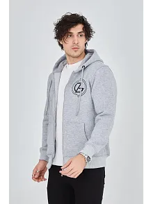 Erkek 3 İplik Pamuklu Fermuarlı Kapüşonlu Kanguru Cepli Baskılı Hoodie Hırka Sweatshirt -gri