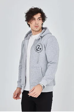 Erkek 3 İplik Pamuklu Fermuarlı Kapüşonlu Kanguru Cepli Baskılı Hoodie Hırka Sweatshirt -gri