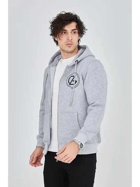 Erkek 3 İplik Pamuklu Fermuarlı Kapüşonlu Kanguru Cepli Baskılı Hoodie Hırka Sweatshirt -gri