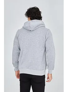 Erkek 3 İplik Pamuklu Fermuarlı Kapüşonlu Kanguru Cepli Baskılı Hoodie Hırka Sweatshirt -gri