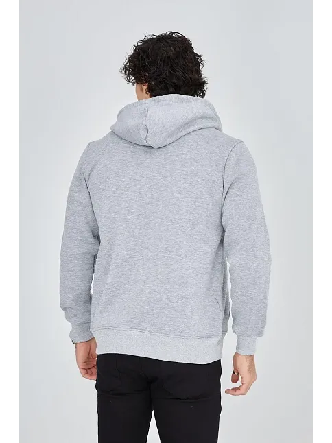 Erkek 3 İplik Pamuklu Fermuarlı Kapüşonlu Kanguru Cepli Baskılı Hoodie Hırka Sweatshirt -gri