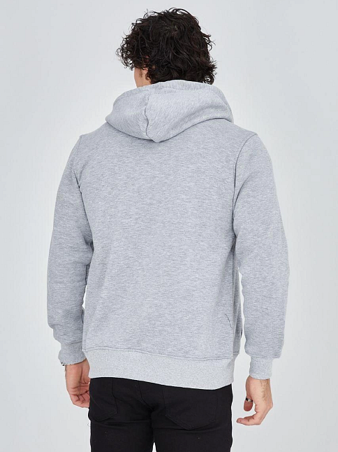 Erkek 3 İplik Pamuklu Fermuarlı Kapüşonlu Kanguru Cepli Baskılı Hoodie Hırka Sweatshirt -gri