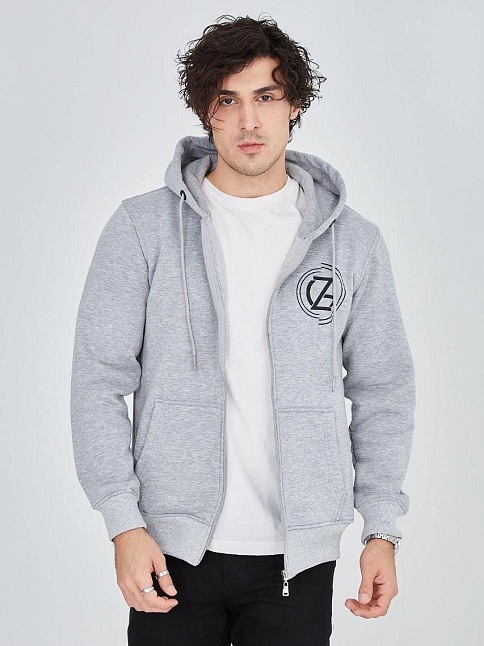 Erkek 3 İplik Pamuklu Fermuarlı Kapüşonlu Kanguru Cepli Baskılı Hoodie Hırka Sweatshirt -gri