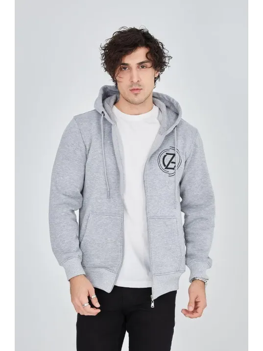 Erkek 3 İplik Pamuklu Fermuarlı Kapüşonlu Kanguru Cepli Baskılı Hoodie Hırka Sweatshirt -gri Erkek 3 İplik Pamuklu Fermuarlı Kapüşonlu Kanguru Cepli Baskılı Hoodie Hırka Sweatshirt -gri