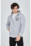 Erkek 3 İplik Pamuklu Fermuarlı Kapüşonlu Kanguru Cepli Baskılı Hoodie Hırka Sweatshirt -gri