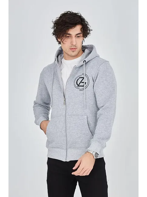 Erkek 3 İplik Pamuklu Fermuarlı Kapüşonlu Kanguru Cepli Baskılı Hoodie Hırka Sweatshirt -gri