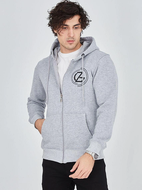 Erkek 3 İplik Pamuklu Fermuarlı Kapüşonlu Kanguru Cepli Baskılı Hoodie Hırka Sweatshirt -gri