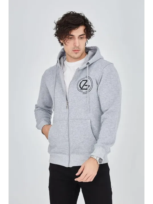 Erkek 3 İplik Pamuklu Fermuarlı Kapüşonlu Kanguru Cepli Baskılı Hoodie Hırka Sweatshirt -gri Erkek 3 İplik Pamuklu Fermuarlı Kapüşonlu Kanguru Cepli Baskılı Hoodie Hırka Sweatshirt -gri