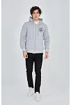 Erkek 3 İplik Pamuklu Fermuarlı Kapüşonlu Kanguru Cepli Baskılı Hoodie Hırka Sweatshirt -gri