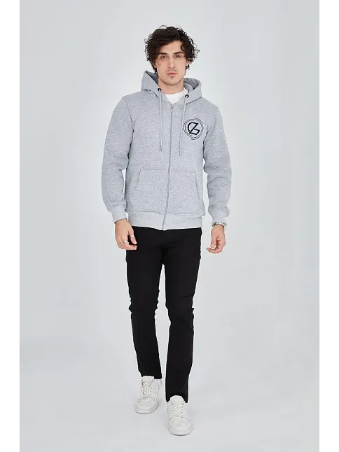 Erkek 3 İplik Pamuklu Fermuarlı Kapüşonlu Kanguru Cepli Baskılı Hoodie Hırka Sweatshirt -gri