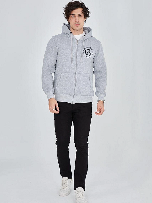 Erkek 3 İplik Pamuklu Fermuarlı Kapüşonlu Kanguru Cepli Baskılı Hoodie Hırka Sweatshirt -gri