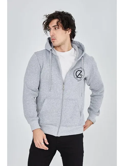 Erkek 3 İplik Pamuklu Fermuarlı Kapüşonlu Kanguru Cepli Baskılı Hoodie Hırka Sweatshirt -gri