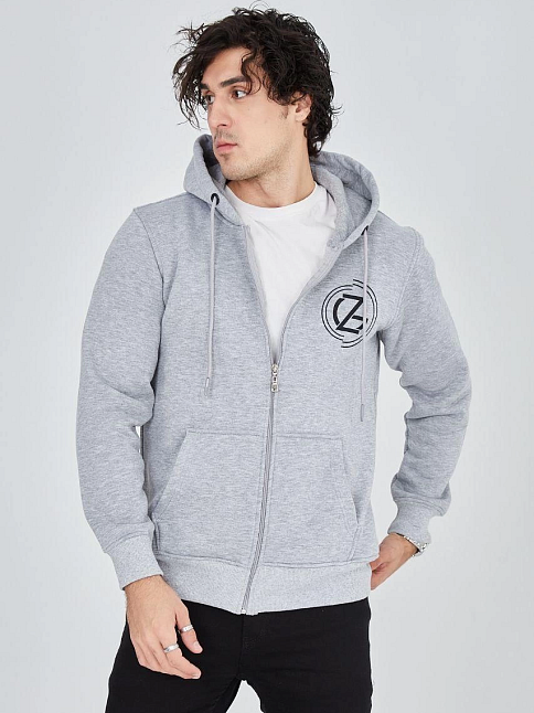 Erkek 3 İplik Pamuklu Fermuarlı Kapüşonlu Kanguru Cepli Baskılı Hoodie Hırka Sweatshirt -gri